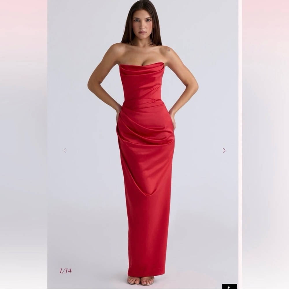 House of CB - ADRIENNE Scarlet Satin Strapless Gown - Small - Picture 12 of 14